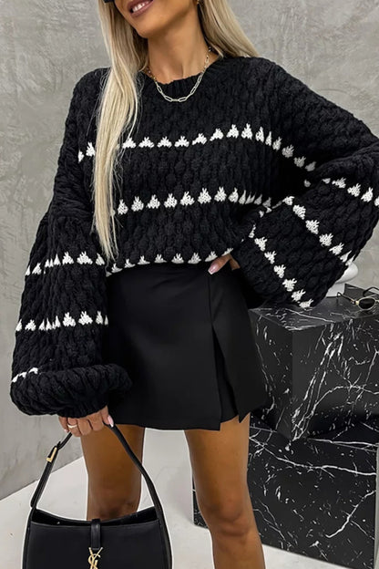 Casual Stripe Patchwork Contrast O Neck Sweaters