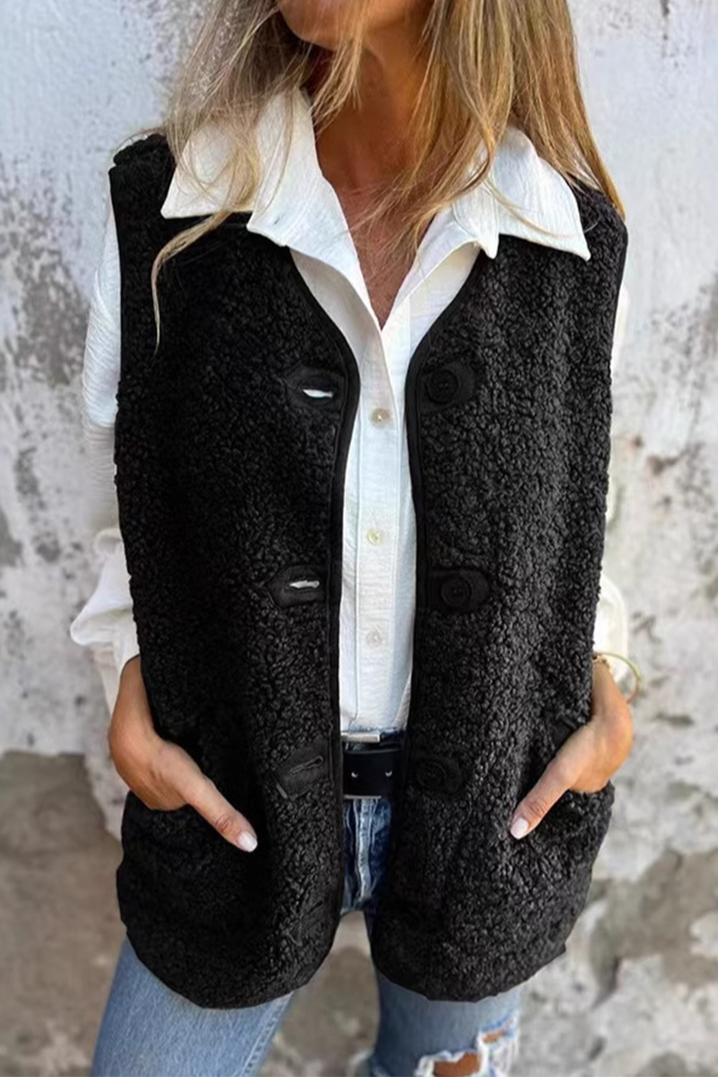 Casual Pocket Buttons Fluffy V Neck Waistcoats