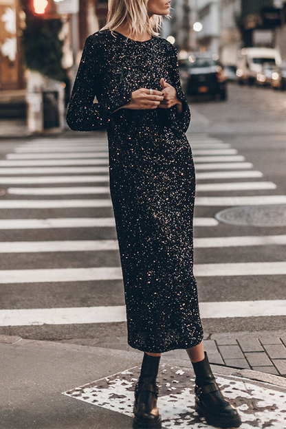 Casual Street Sequins Backless O Neck Long Sleeve Dresses