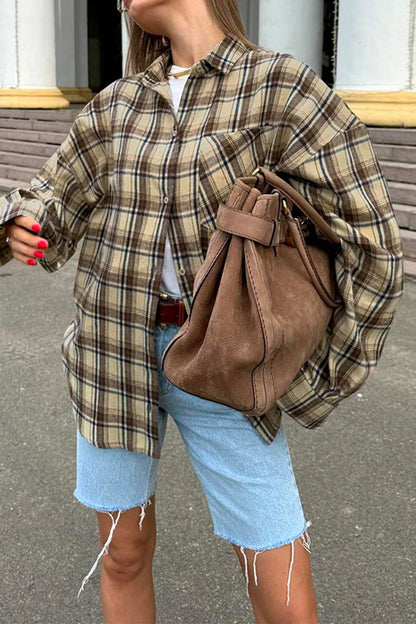 Casual Plaid Buttons Contrast Turndown Collar Blouses