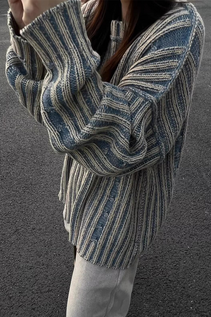 Casual Stripe Weave Contrast Potholes O Neck Sweaters