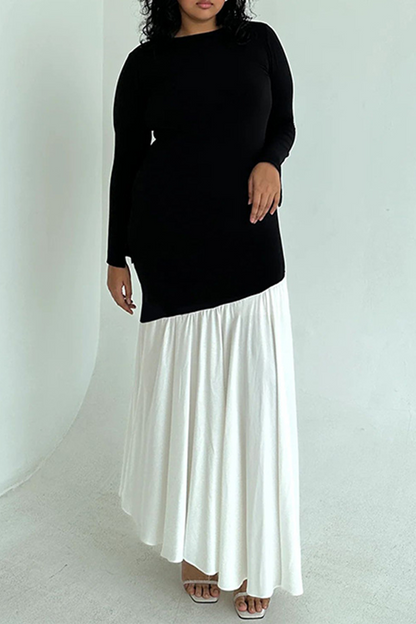 Elegant Ruched Contrast O Neck Long Dresses