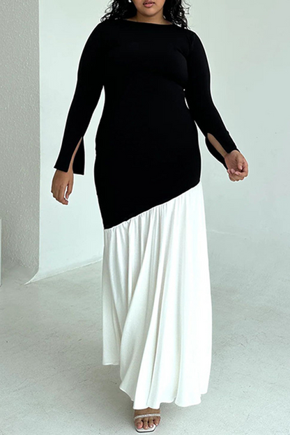 Elegant Ruched Contrast O Neck Long Dresses