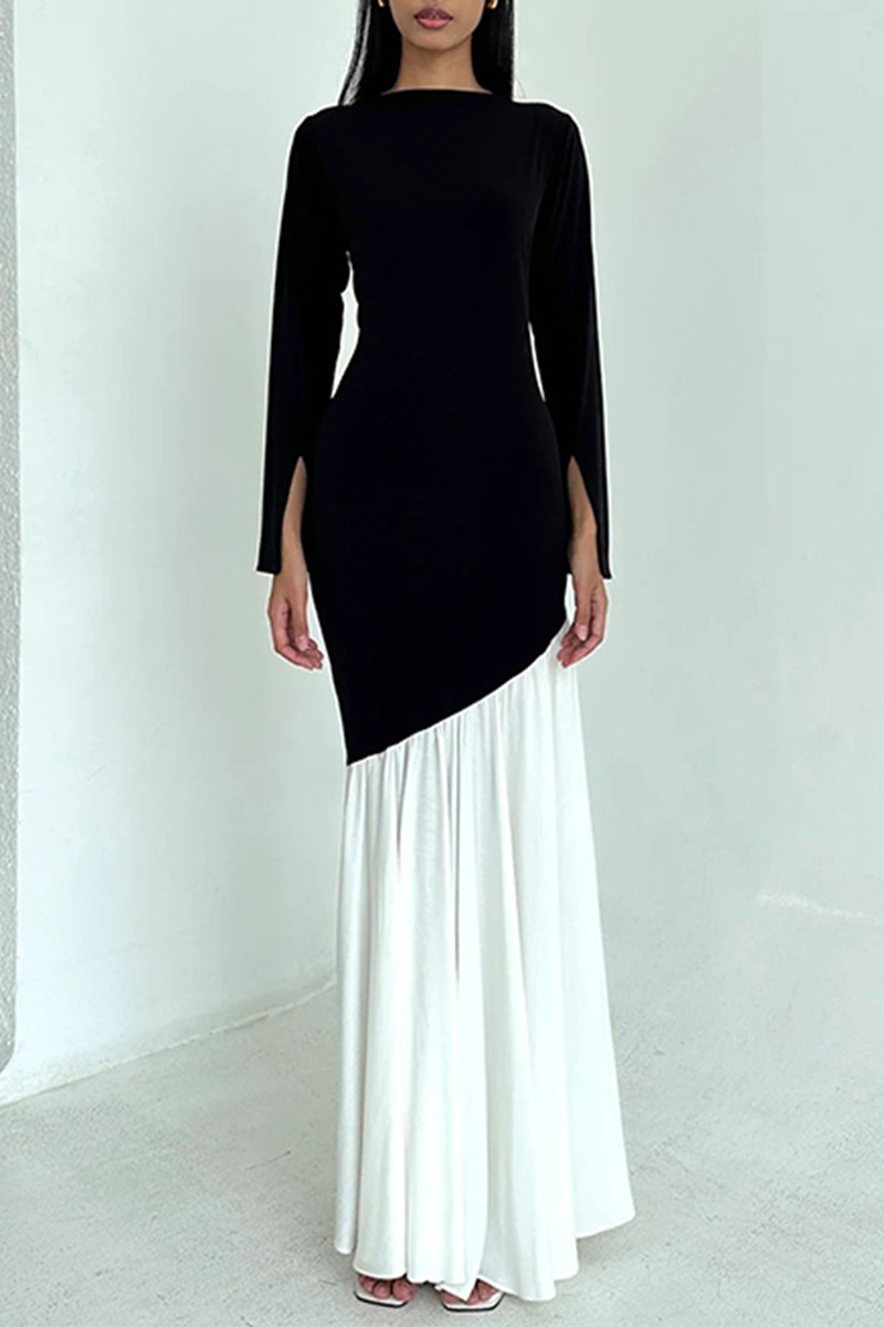 Elegant Ruched Contrast O Neck Long Dresses