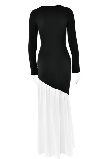 Elegant Ruched Contrast O Neck Long Dresses