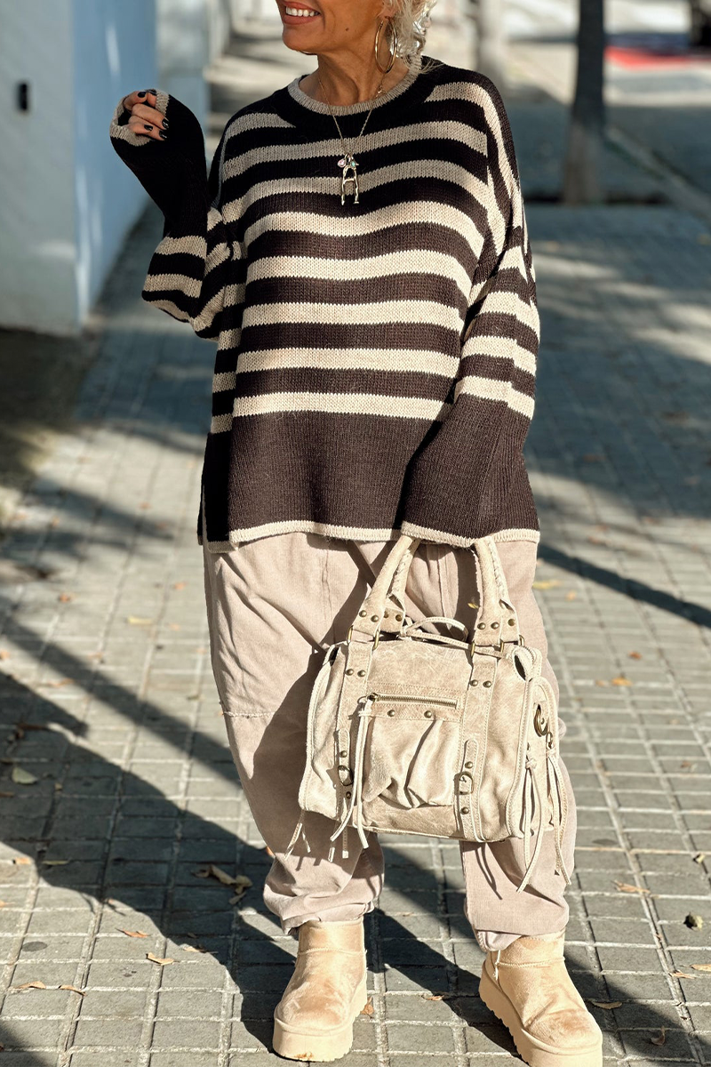 Casual Stripe Weave Contrast O Neck Sweaters