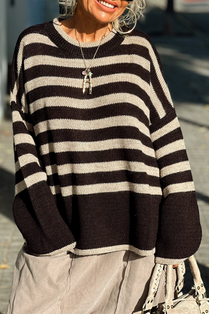 Casual Stripe Weave Contrast O Neck Sweaters