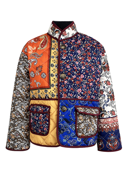 Casual Flowers Pocket Patchwork Contrast Mandarin Collar Outerwear