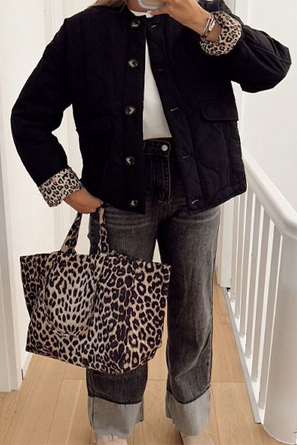 Casual Buttons Leopard O Neck Outerwear