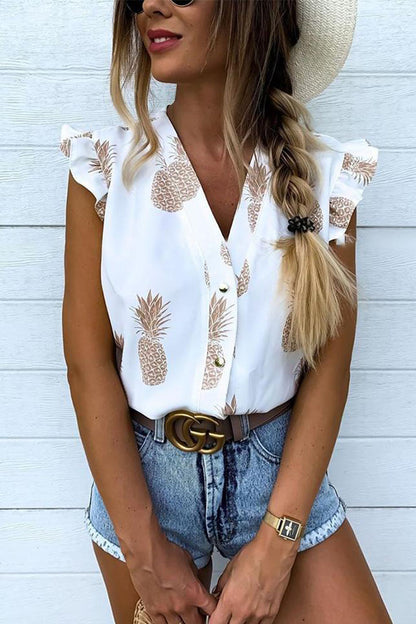 Casual Print V Neck Mid Waist Tops