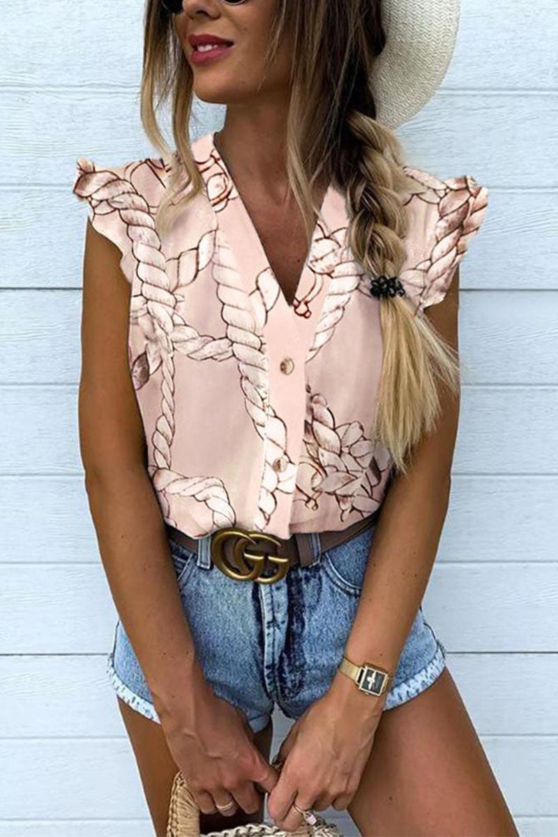 Casual Print V Neck Mid Waist Tops