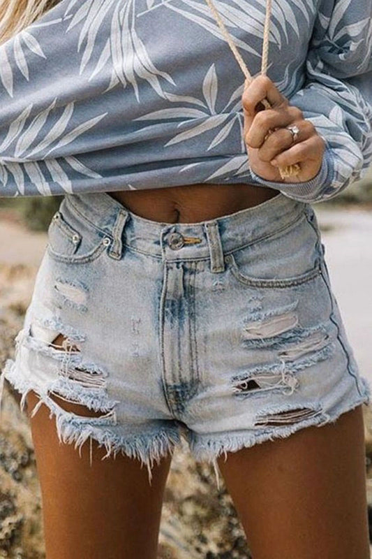 Fashion Casual Solid Ripped High Waist Straight Denim Shorts