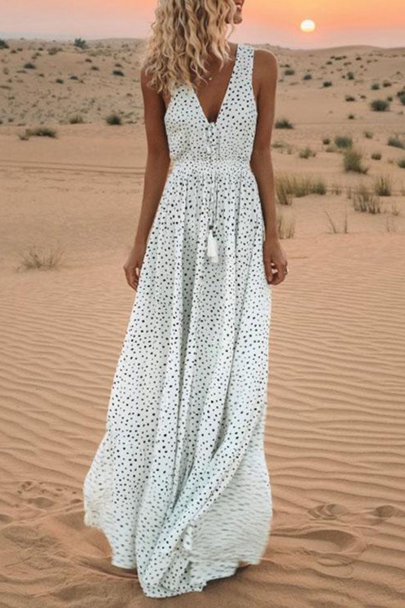 Fashion Bohemian Dot Patchwork V Neck A Line Dresses