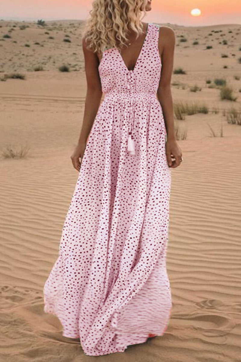 Fashion Bohemian Dot Patchwork V Neck A Line Dresses