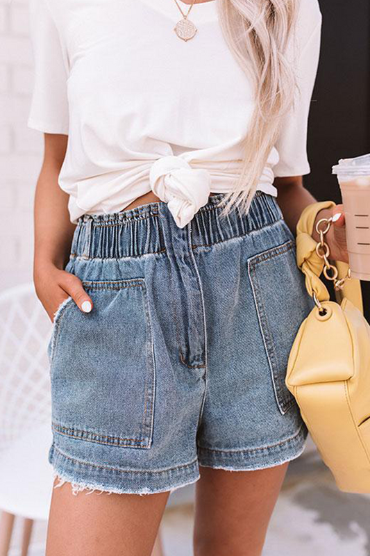 Street Solid Pocket High Waist Denim Shorts