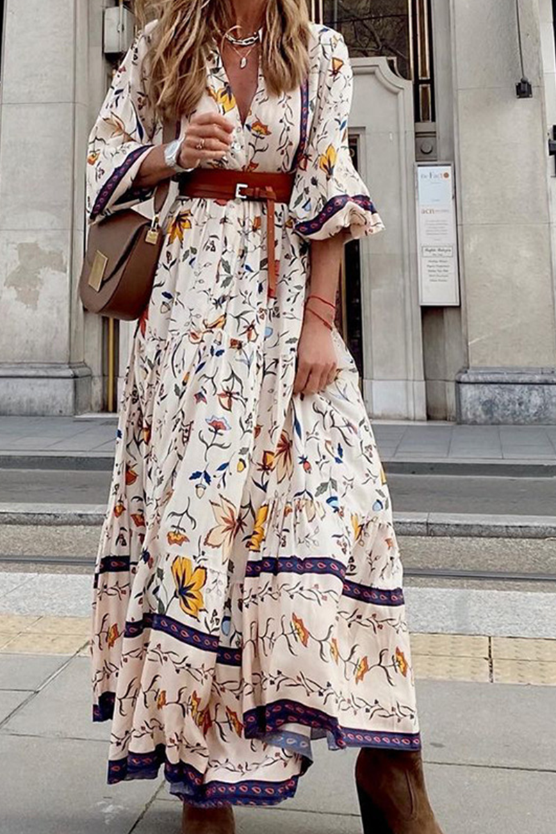 Casual Print Patchwork V Neck Cake Skirt Dresses