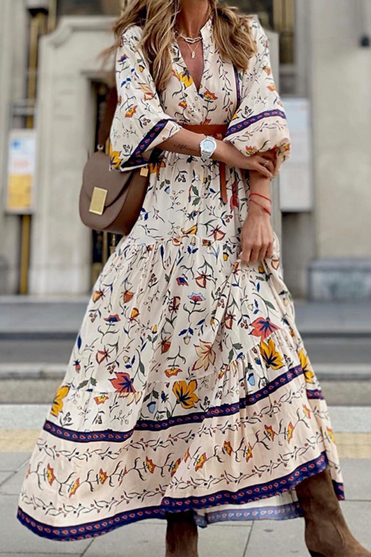 Casual Print Patchwork V Neck Cake Skirt Dresses