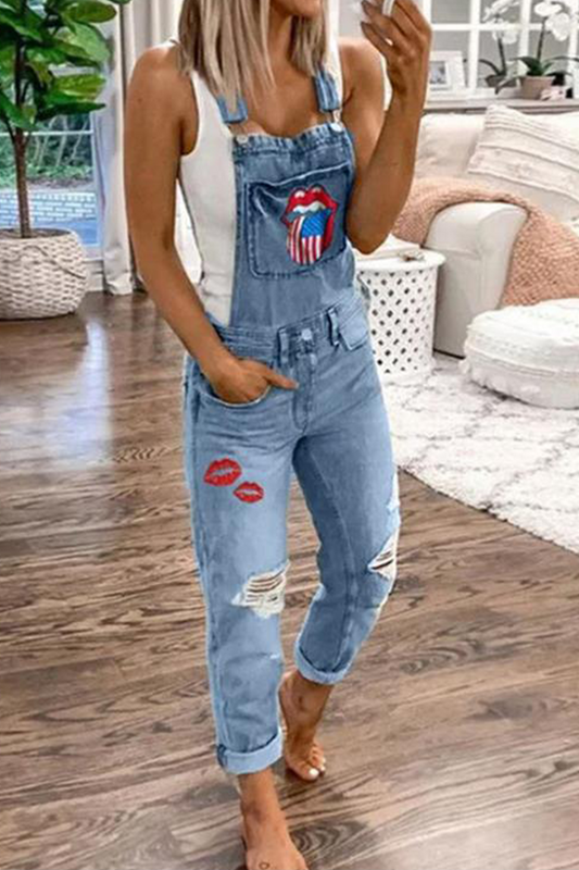 Casual Lips Printed Patchwork Square Collar Harlan Jumpsuits