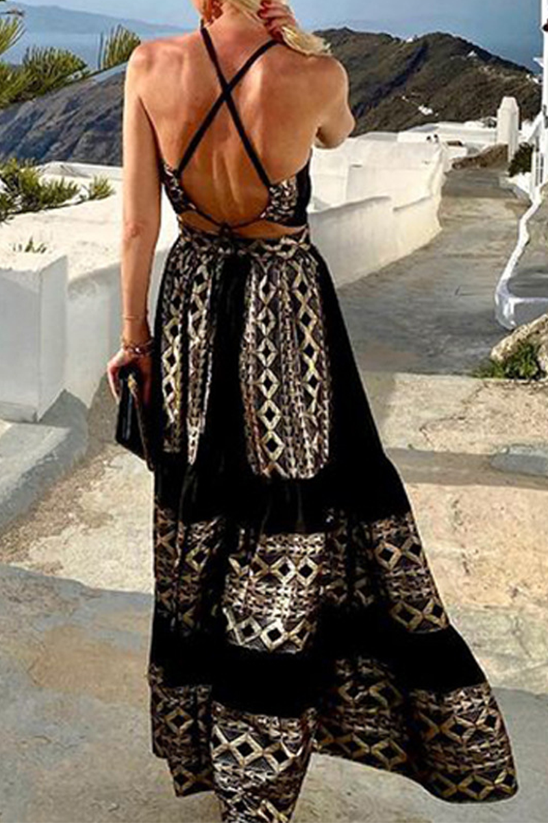 Casual Print Patchwork Halter Cake Skirt Dresses