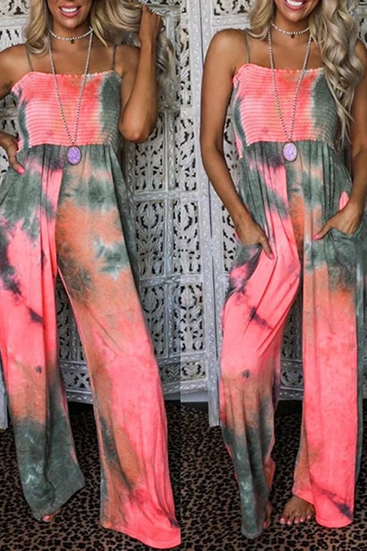 Sexy Patchwork Tie-dye Spaghetti Strap Straight Jumpsuits