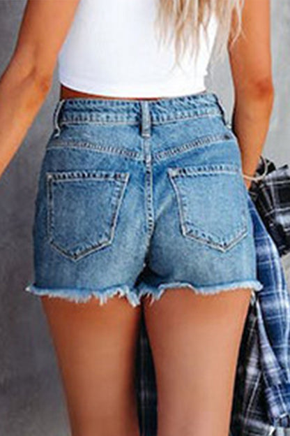 Casual Solid Ripped Regular Denim Shorts