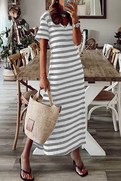 Casual Striped Patchwork V Neck A Line Short Sleeve Dress(5 Colors)