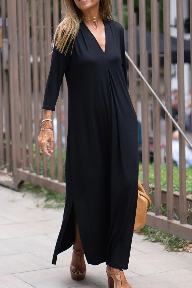 Casual Solid Slit V Neck A Line Dresses