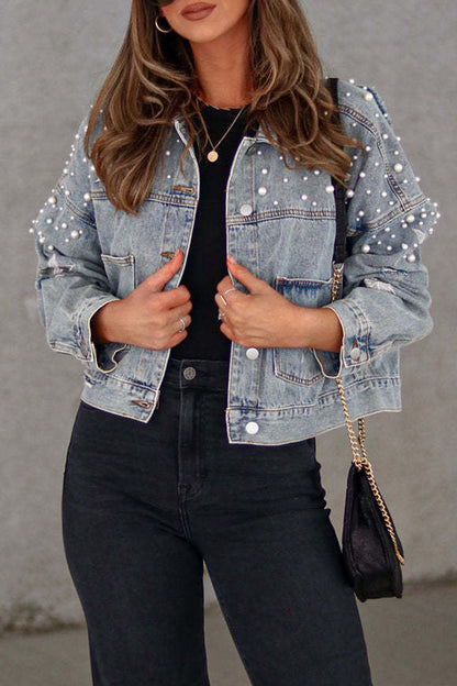 Casual Solid Beading Turndown Collar Long Sleeve Denim Jacket