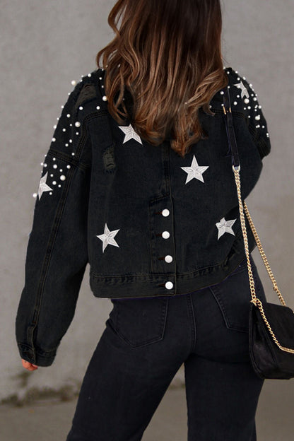 Casual Solid Beading Turndown Collar Long Sleeve Denim Jacket