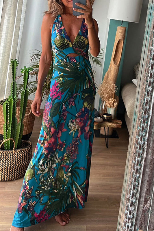 Sexy Vacation Floral Backless V Neck Printed Dresses(3 Colors)